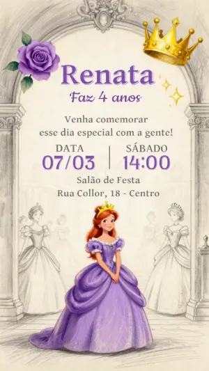 Convite de Aniversário Princesa Clássica Roxo para Editar