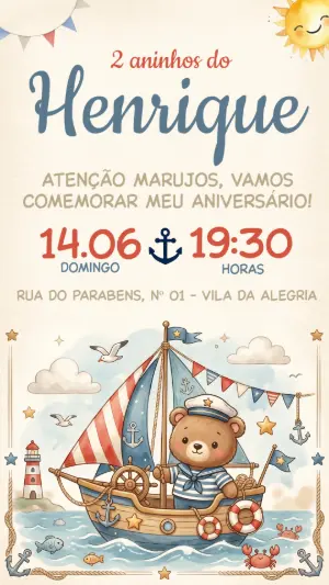 Convite de Aniversário Ursinho Marinheiro Aquarela Editável