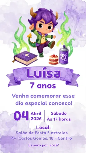 Convite de Aniversário Menino Dragão Roxo para Editar