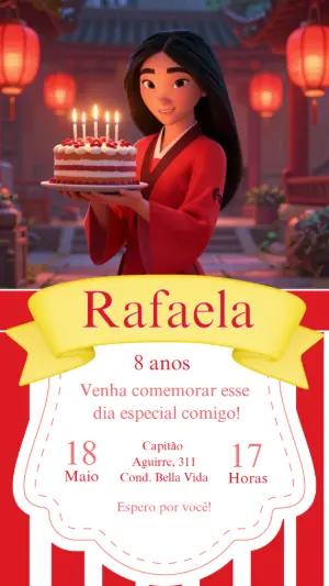 Convite Digital Aniversário Mulan com Bolo para Editar