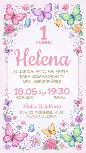 Convite de Aniversário Jardim das Borboletas Delicado para Editar