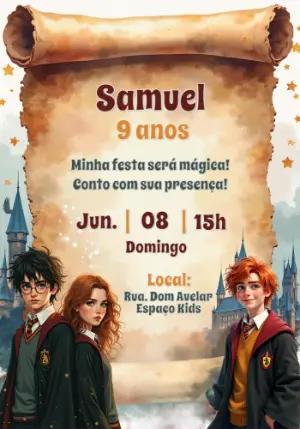 Convite de Aniversário Harry Potter com Personagens para Editar