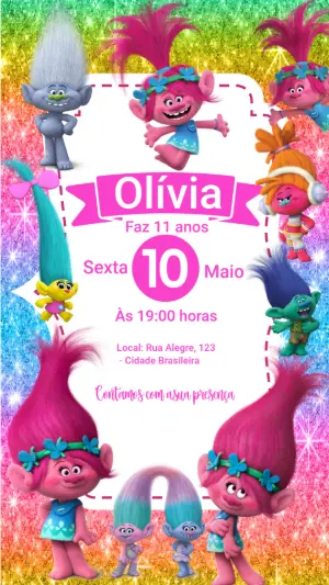 Convite de Aniversário Trolls com Glitter para Editar e Enviar