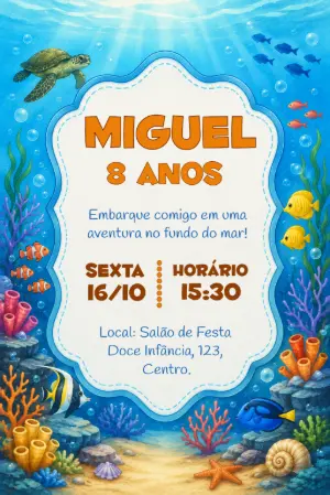 Convite de aniversário Fundo do Mar editável para meninos