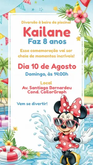 Convite de Aniversário Minnie Piscina para Editar Online