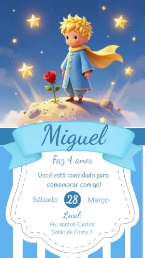 Convite de Aniversário Pequeno Príncipe Azul Editável