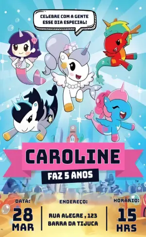 Convite de Aniversário Unicórnios do Mar Editável