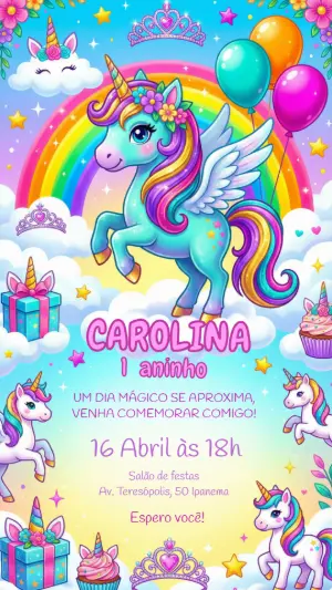 Convite de Aniversário Unicórnio Mágico Colorido para Editar