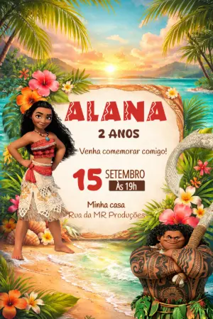 Convite de Aniversário Moana Tropical para Editar Online