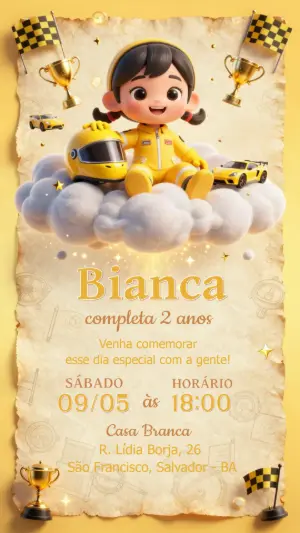 Convite Infantil Menina Piloto de Corrida para Editar