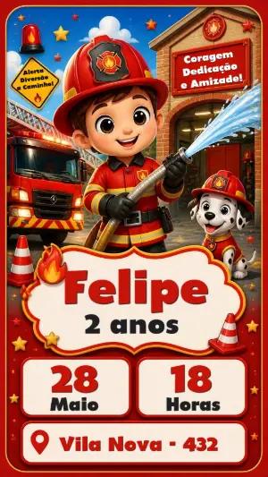 Convite de Aniversário Bombeiro Infantil para Editar