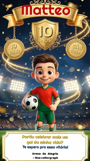 Convite Animado de Aniversário Infantil Tema Futebol para Editar