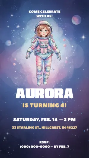 Cute Astronaut Girl Birthday Invitation Editable Template