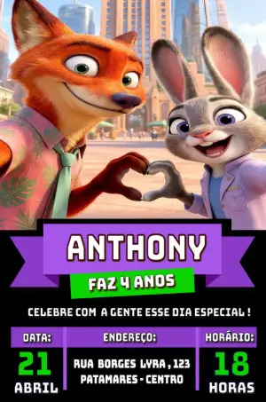 Convite de Aniversário Zootopia Infantil Editável