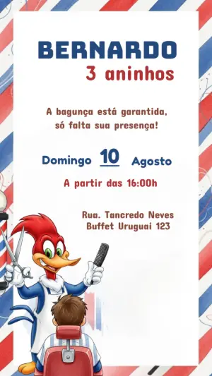 Convite de Aniversário Pica-Pau Barbeiro para Editar Online