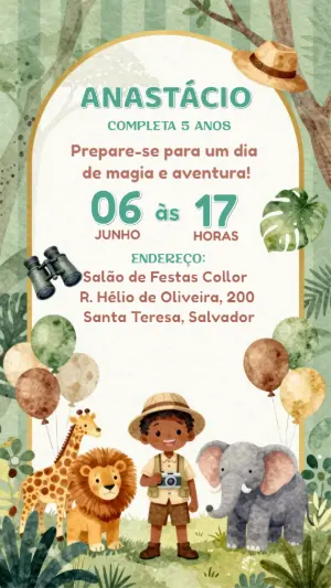 Convite de Aniversário Safari Aquarela para Editar