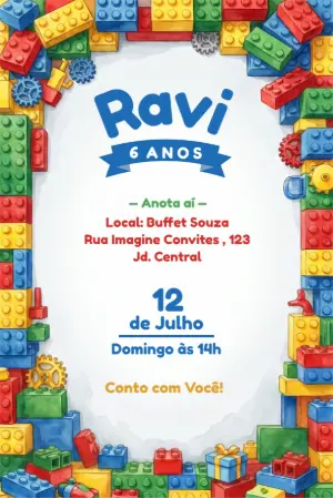 Convite de Aniversário Lego Colorido para Editar