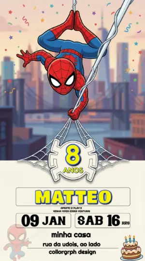 Convite de Aniversário Homem-Aranha Infantil para Editar Online
