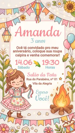 Convite de Aniversário Arraiá Infantil Menina Editável
