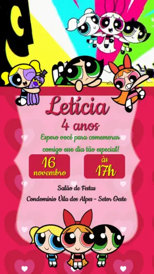 Convite Animado Aniversário Meninas Super Poderosas para Editar