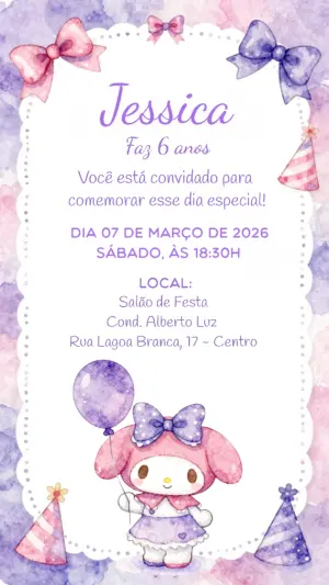 Convite de Aniversário My Melody Aquarela para Editar