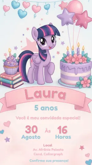 Convite Digital Aniversário My Little Pony Roxo para Editar
