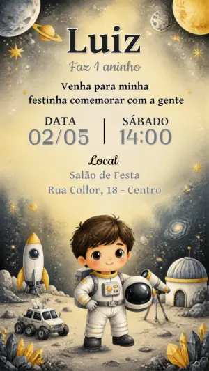 Convite de Aniversário Astronauta Infantil Editável