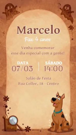 Convite de Aniversário Scooby-Doo Rústico para Editar