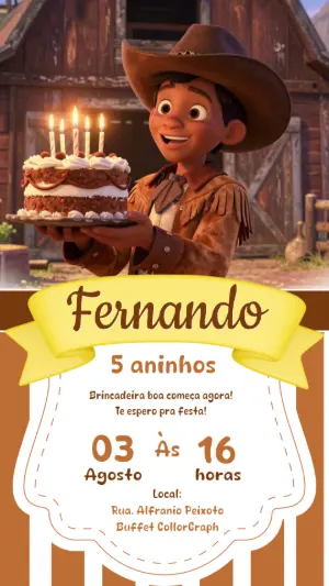 Convite de Aniversário Cowboy Infantil 3D para Editar