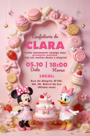Convite de Aniversário Minnie Confeitaria Rosa para Editar