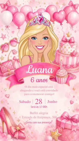 Convite de Aniversário Barbie Princesa Rosa Editável