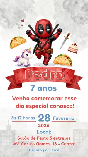 Convite Digital Aniversário Infantil Deadpool Editável