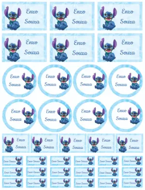 Kit de Etiquetas Escolares Stitch Azul para Editar e Imprimir
