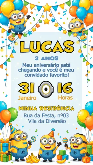 Convite Digital Aniversário Infantil Minions Editável