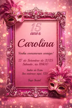Convite Editável 15 Anos Baile de Máscaras Rosa e Dourado