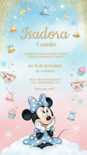 Convite Aniversário Minnie Mouse Azul e Rosa para Editar Online