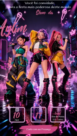 Convite Aniversário Guerreiras do K-Pop Neon Editável