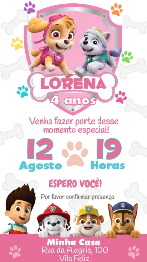 Convite de Aniversário Patrulha Canina Rosa Editável