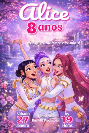 Convite de Aniversário Guerreiras do K-pop Fantasia Rosa e Lilás Editável