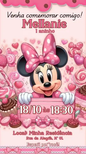 Convite de Aniversário Minnie Rosa Editável Online