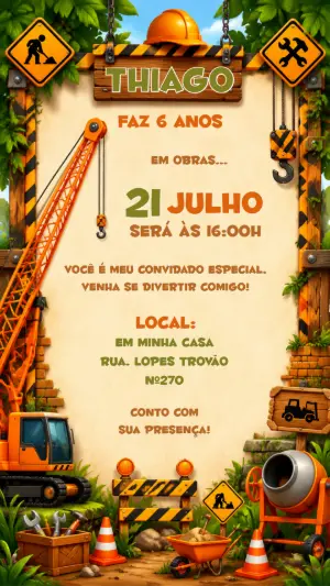 Convite de Aniversário Construção Infantil para Editar