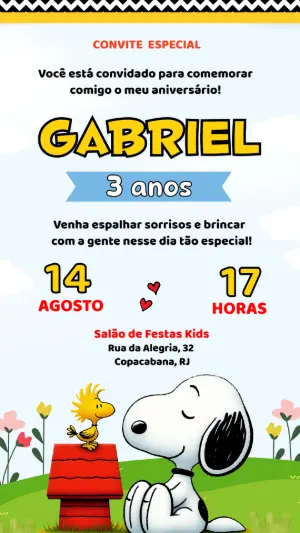 Convite de Aniversário Snoopy e Woodstock Modelo Editável
