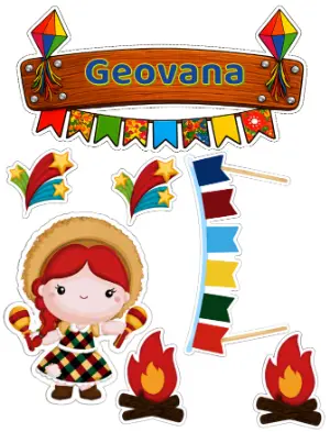 Topo de Bolo Festa Junina Menina Ruiva para Editar