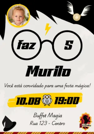 Convite Aniversário Harry Potter com Foto para Editar Online