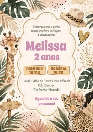 Convite Aniversário Safari Menina Aquarela para Editar