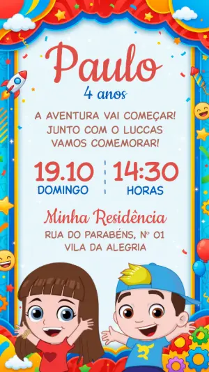 Convite de Aniversário Infantil Aventureiros Colorida para Editar
