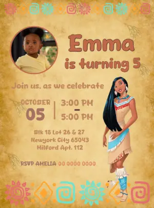 Pocahontas Birthday Invitation Template, Editable Digital Invite with photo
