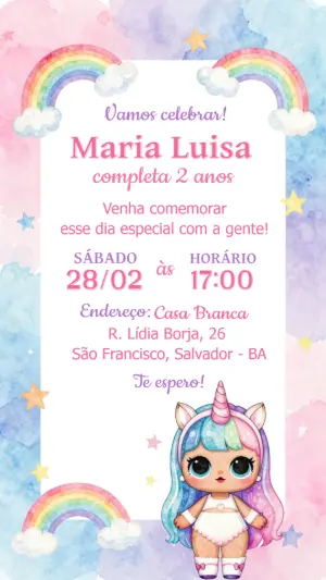 Convite Digital Aniversário Boneca Unicórnio Fofo Editável