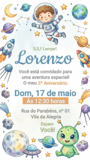 Convite de Aniversário Astronauta Fofo em Aquarela para Editar