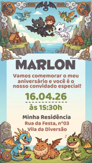 Convite de Aniversário Como Treinar o Seu Dragão Editável